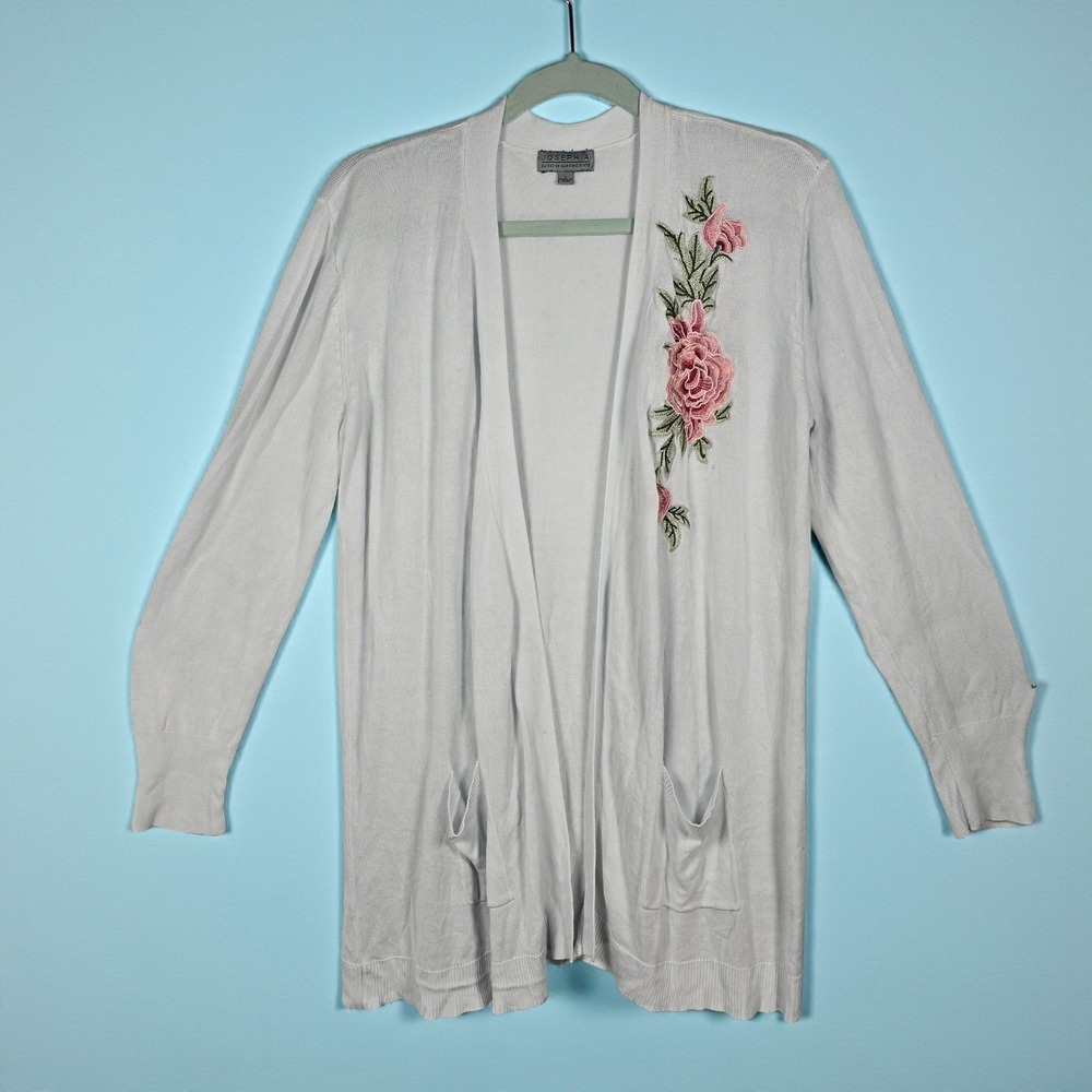 Joseph A Open Front Cardigan Sweater‎ Women Large White Rayon Floral Embroidery